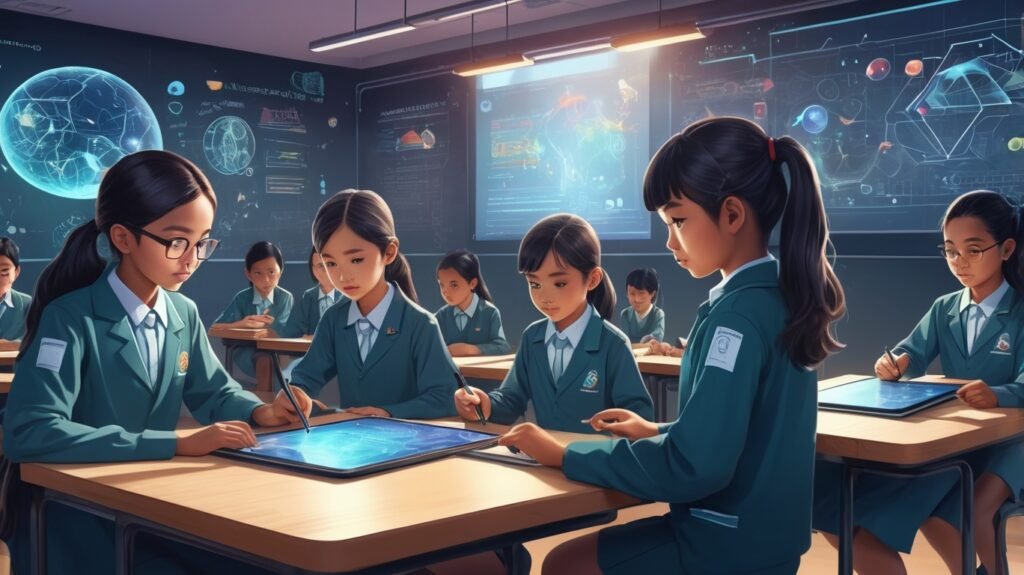 Suasana kelas masa depan di Indonesia dengan siswa menggunakan teknologi AI dan papan tulis digital