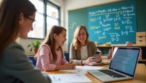 Orang tua dan pengajar membantu anak belajar matematika menggunakan aplikasi Photomath di ruang kelas modern