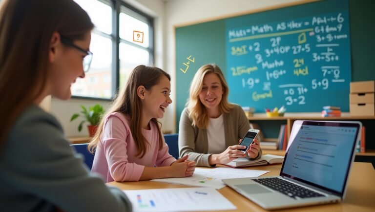 Orang tua dan pengajar membantu anak belajar matematika menggunakan aplikasi Photomath di ruang kelas modern