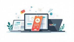 Ilustrasi Perbandingan tampilan antarmuka aplikasi Ruangguru, Zenius, dan Quipper di layar laptop