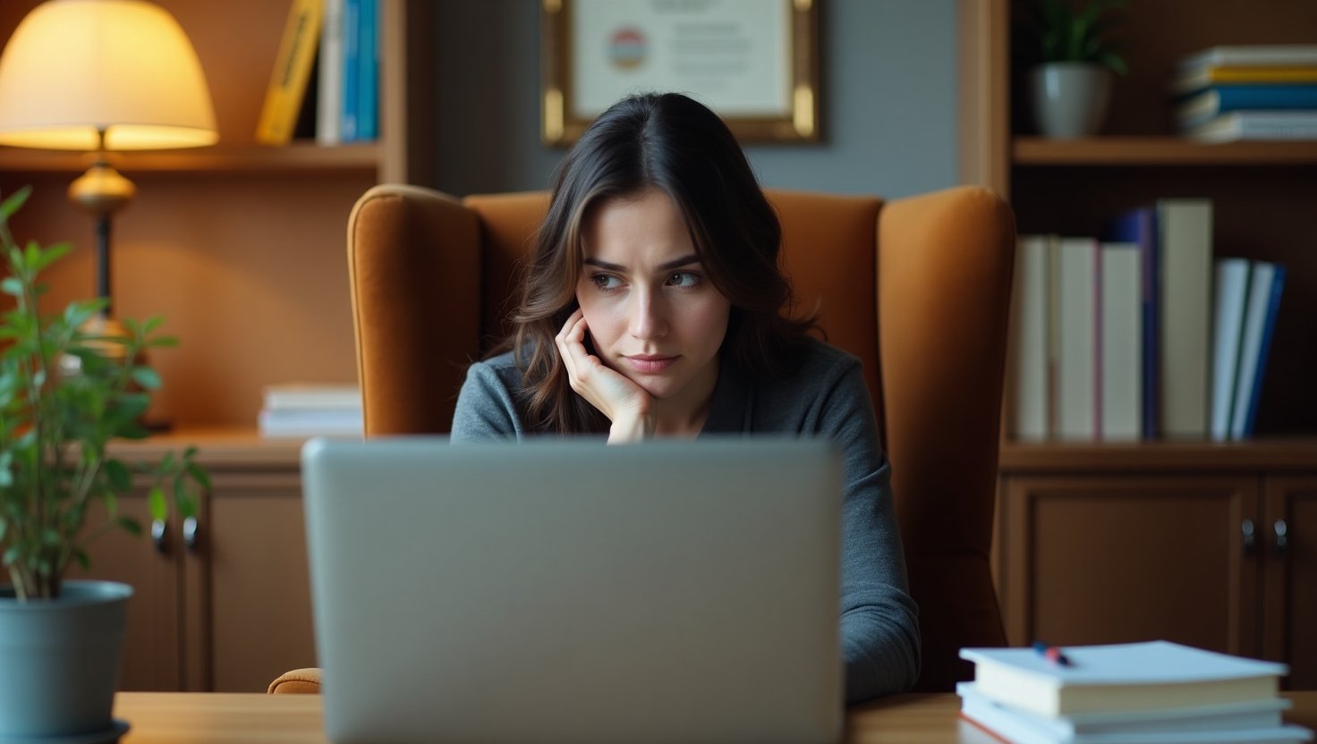 Seorang lulusan baru duduk merenung di depan laptop sambil memikirkan masa depan kariernya. Tips bagi pengangguran.