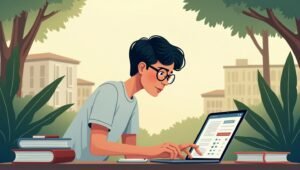 Ilustrasi Belajar Efisien - Mahasiswa sibuk belajar menggunakan laptop dengan teknik Pomodoro di ruang belajar kampus