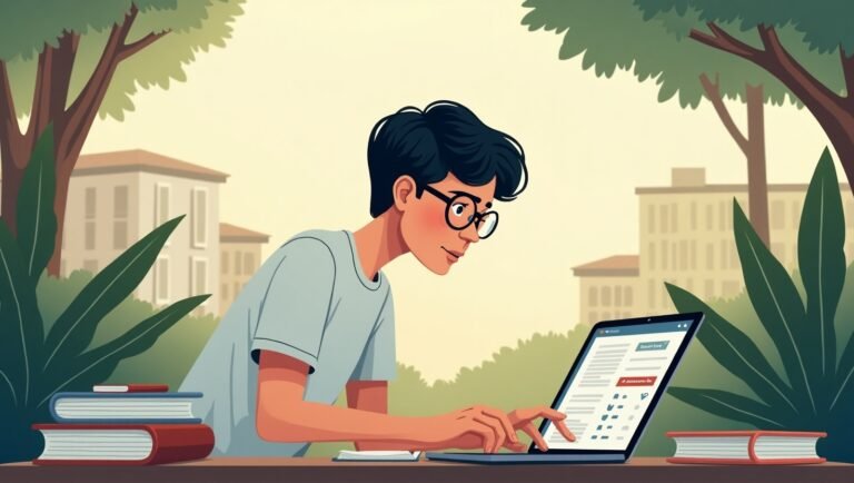 Ilustrasi Belajar Efisien - Mahasiswa sibuk belajar menggunakan laptop dengan teknik Pomodoro di ruang belajar kampus