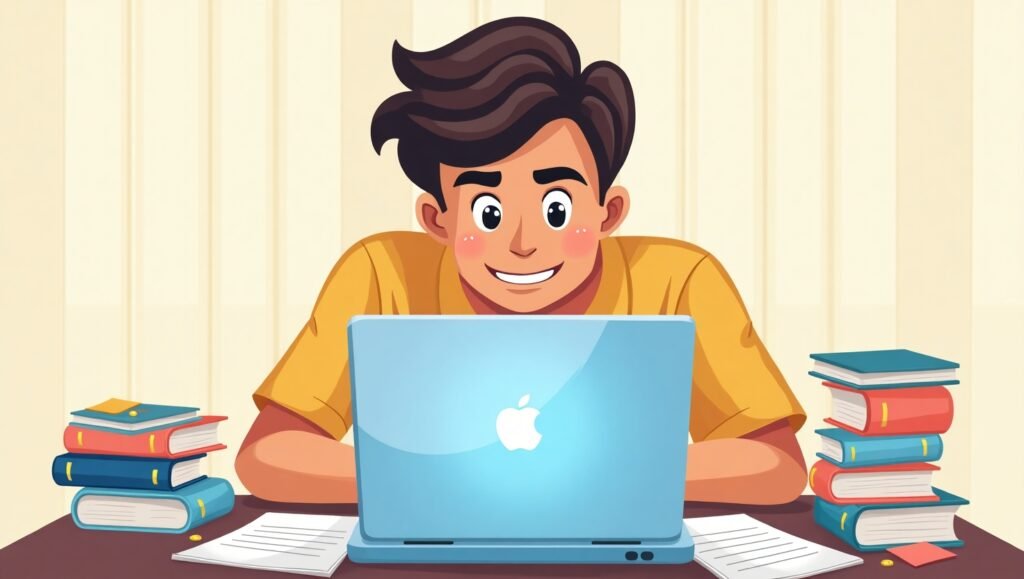 Mahasiswa menerapkan teknik belajar efektif dengan laptop dan catatan