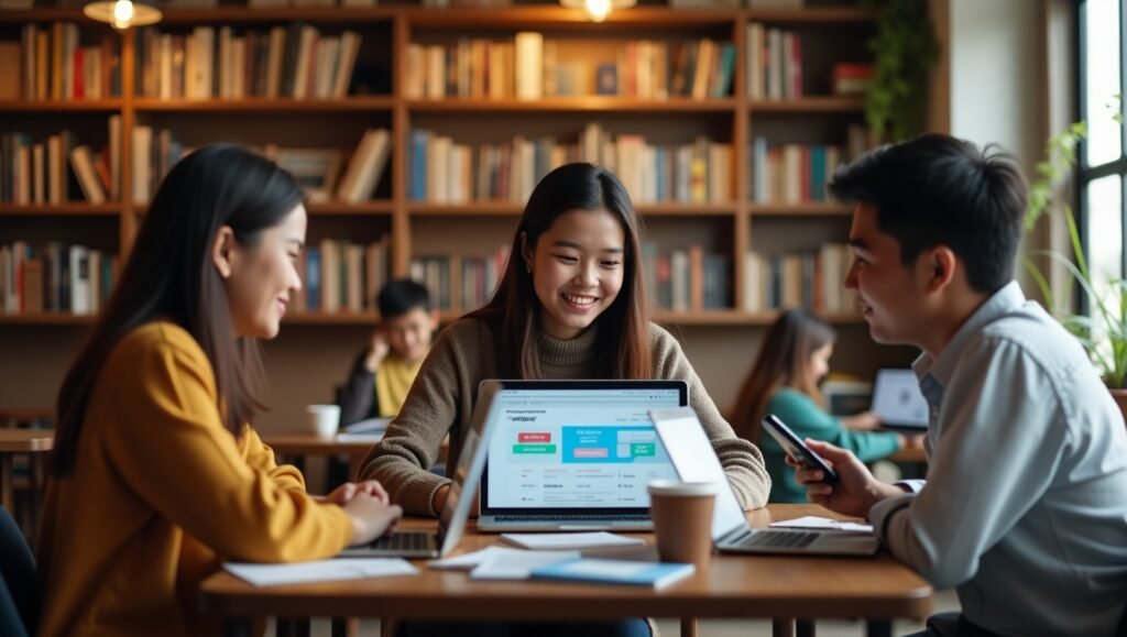 Tiga mahasiswa sedang menggunakan aplikasi belajar bahasa asing bersama dengan laptop dan aplikasi Duolingo, Busuu, dan Memrise.