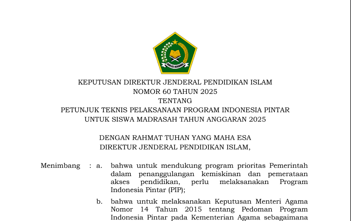Cover Petunjuk Teknis PIP Madrasah 2025