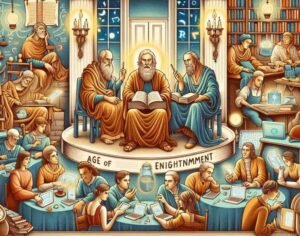 Potret ilustrasi Plato dan Paulo Freire dengan latar suasana pendidikan