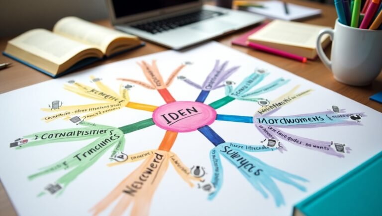 Ilustrasi mind mapping, peta pikiran warna-warni untuk belajar mahasiswa