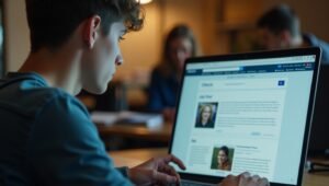 Mahasiswa fokus strategi mencari lowongan kerja online di laptop