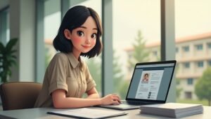 Ilustrasi mahasiswa Indonesia dengan laptop dan berkas CV, menunjukkan semangat mencari peluang.