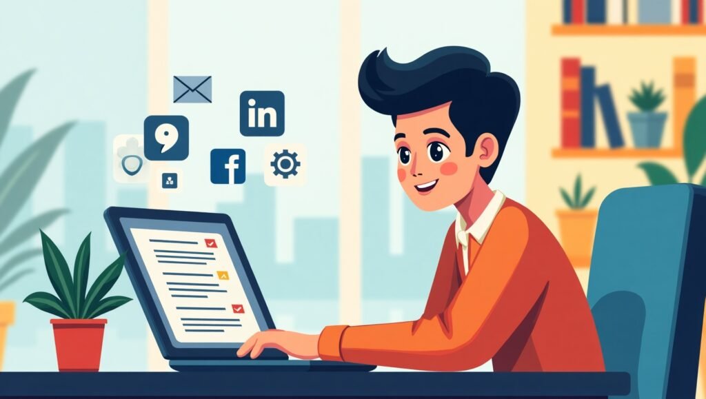 Ilustrasi seorang mahasiswa Indonesia yang sedang menjelajahi berbagai lowongan kerja dan magang online dengan laptop dan perangkat digital.