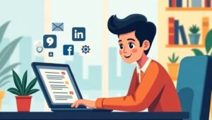 Ilustrasi seorang mahasiswa Indonesia yang sedang menjelajahi berbagai lowongan kerja dan magang online dengan laptop dan perangkat digital.