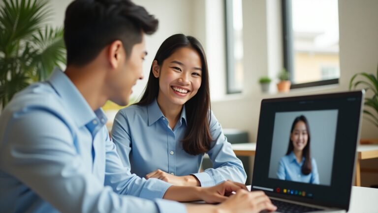 Ilustrasi seorang mahasiswa Indonesia yang percaya diri sedang melakukan wawancara kerja mahasiswa online dengan senyum ramah.