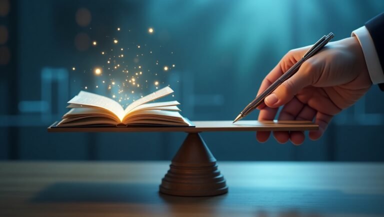 Ilustrasi tangan yang menyeimbangkan timbangan dengan ikon buku dan pena, melambangkan asesmen adil dalam pendidikan.