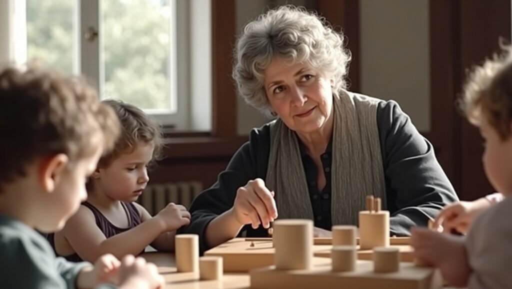 Maria Montessori mengamati anak-anak bermain dan belajar mandiri