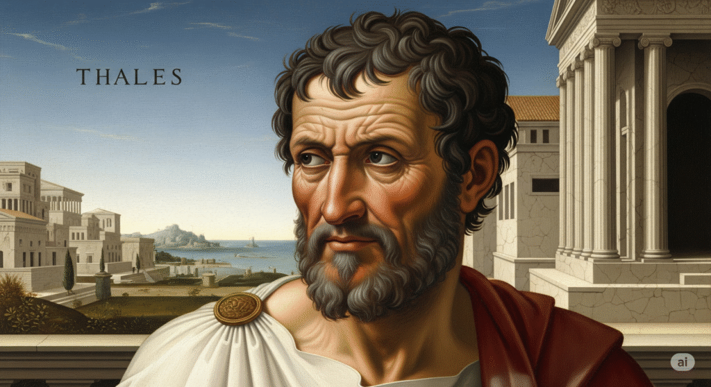 Thales, Bapak Filsafat Yunani Kuno, dengan latar belakang kota Miletus