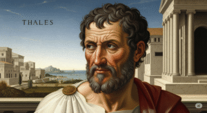 Thales, Bapak Filsafat Yunani Kuno, dengan latar belakang kota Miletus