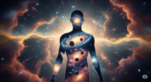 Ilustrasi siluet manusia dengan semesta