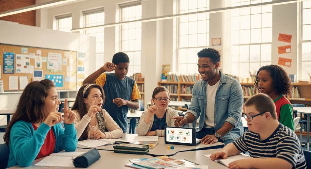 Sekelompok siswa beragam dengan berbagai kemampuan dan latar belakang berinteraksi aktif dalam kelas modern yang mendukung pembelajaran inklusif yang menyenangkan, difasilitasi oleh seorang guru pria yang ramah.