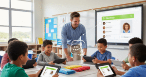Review ClassDojo Guru dan siswa berinteraksi dengan ClassDojo di tablet, menunjukkan manajemen kelas dan komunikasi orang tua yang efektif.