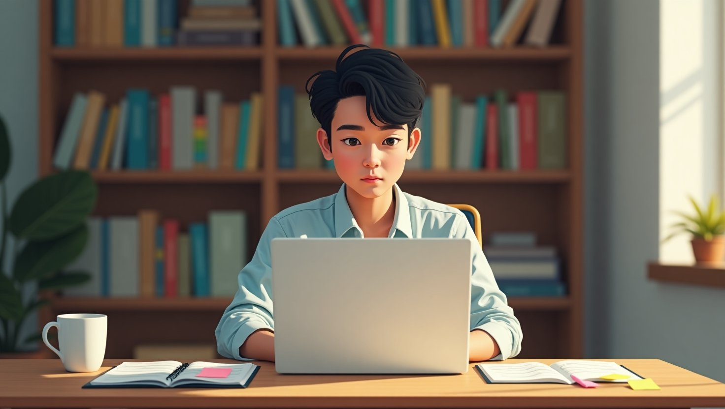 Gambar ilustrasi seorang pelajar sedang menulis pendahuluan karya ilmiah di laptop, konsep cara menulis pendahuluan yang efektif.