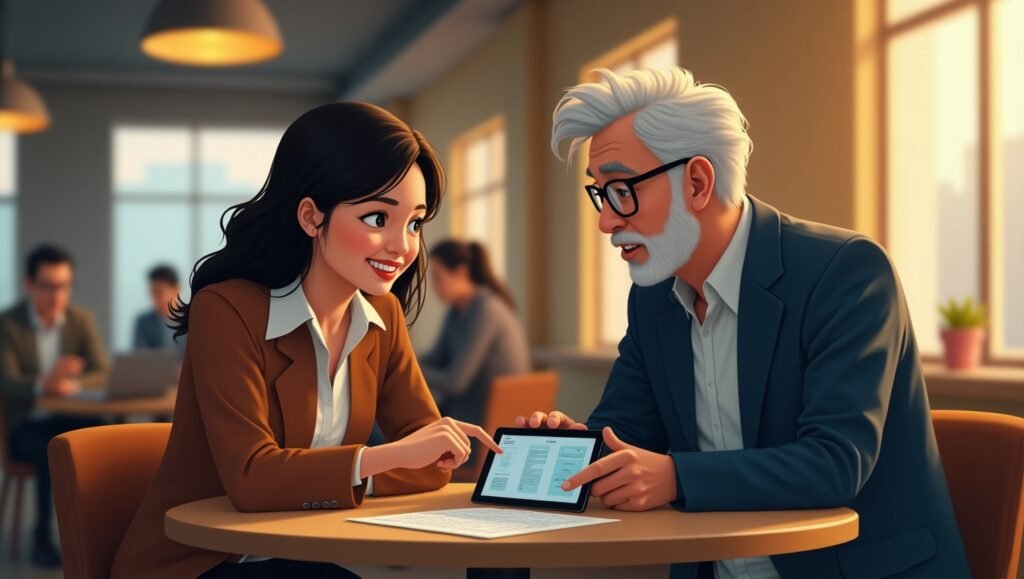 Cara membangun networking, pelajar berdiskusi dengan mentor di kafe, koneksi profesional