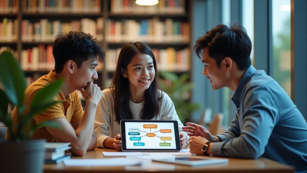 Tiga mahasiswa sedang berdiskusi dengan dosen pembimbing untuk menentukan cara menentukan metode penelitian skripsi mereka.