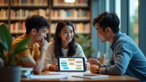 Tiga mahasiswa sedang berdiskusi dengan dosen pembimbing untuk menentukan cara menentukan metode penelitian skripsi mereka.