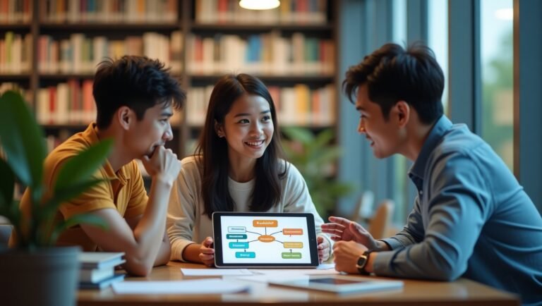 Tiga mahasiswa sedang berdiskusi dengan dosen pembimbing untuk menentukan cara menentukan metode penelitian skripsi mereka.