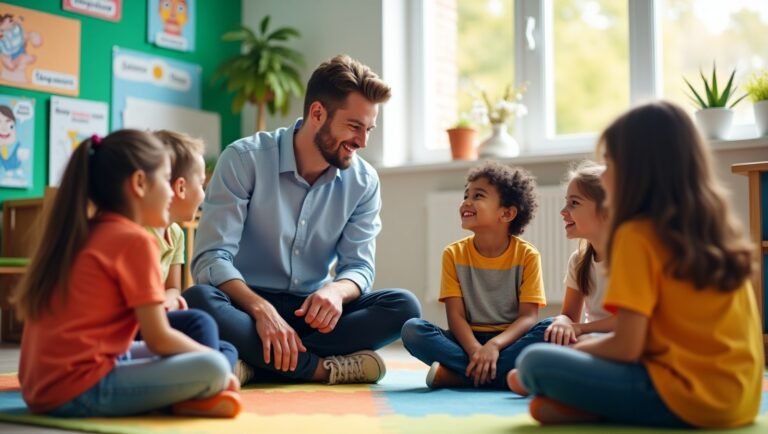 Pengajar sedang berinteraksi dengan siswa di kelas, mempraktikkan tips menerapkan kedisiplinan kelas yang efektif dan positif.