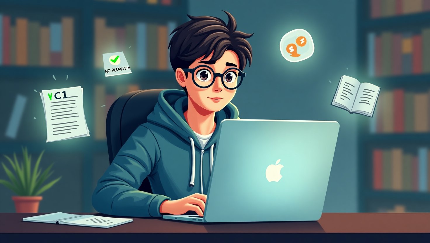 Ilustrasi mahasiswa belajar cara menghindari plagiat dengan laptop