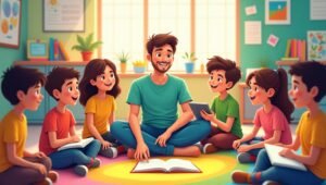 Ilustrasi peran guru sebagai fasilitator dan motivator, berinteraksi aktif dengan siswa dalam pembelajaran.