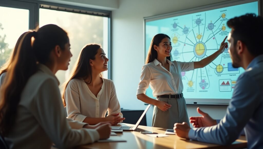 Seorang profesional muda sedang mempresentasikan ide menggunakan papan tulis digital interaktif di depan tim yang beragam, menggambarkan kolaborasi dan soft skills paling dicari di tahun 2025.