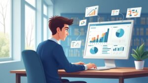 Ilustrasi mahasiswa sedang belajar cara menyajikan data penelitian dengan laptop