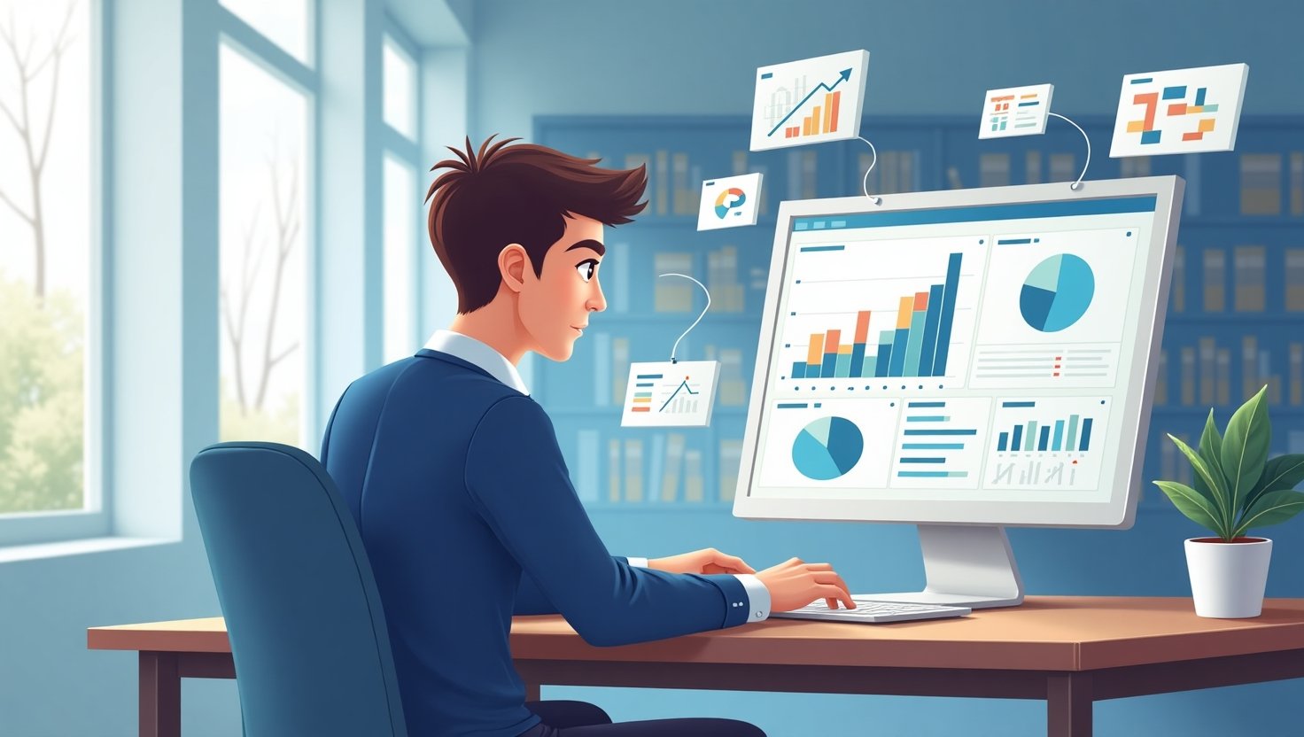 Ilustrasi mahasiswa sedang belajar cara menyajikan data penelitian dengan laptop