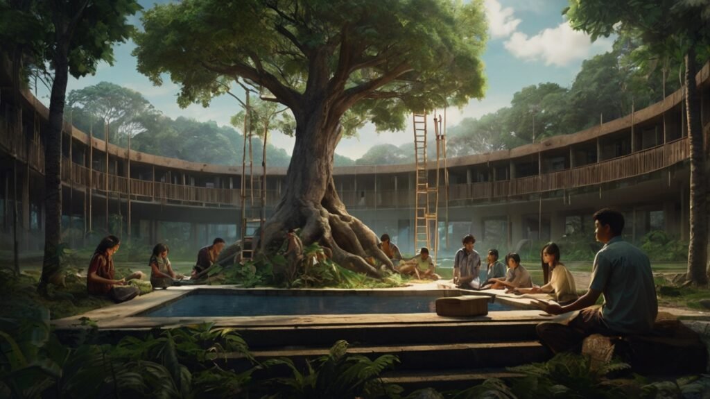 Ilustrasi konseptual yang menggambarkan siswa dan guru dari berbagai latar belakang, bersama-sama membangun dunia yang lebih baik, melambangkan pendidikan sebagai alat transformasi sosial.