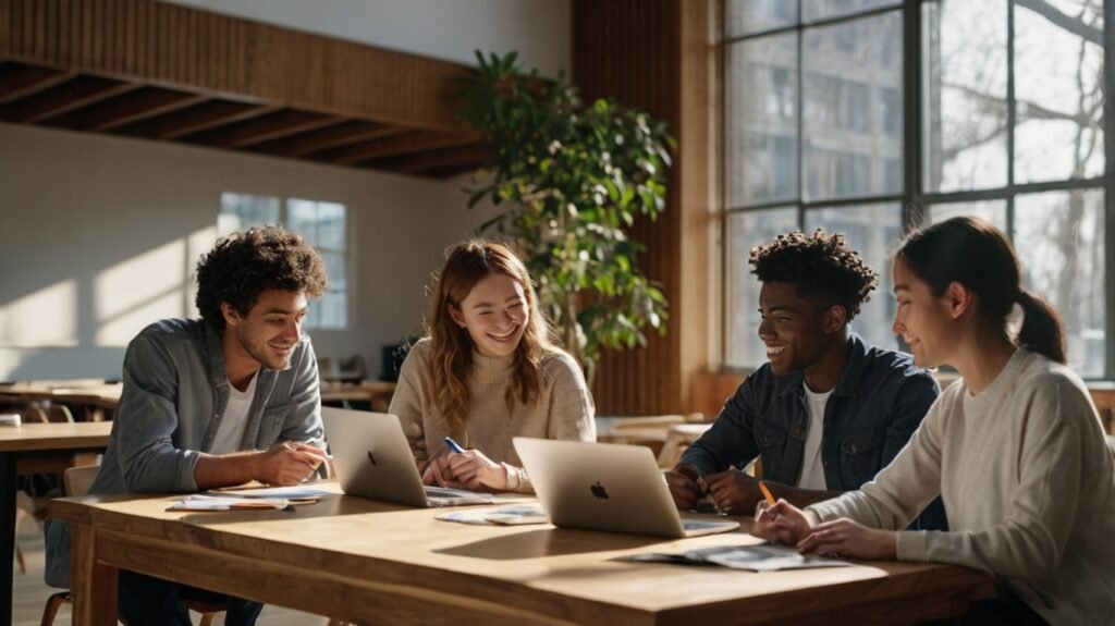 Sekelompok mahasiswa milenial yang beragam sedang menerapkan metode belajar aktif, berdiskusi dengan antusias di sekitar meja dengan laptop dan catatan digital, menunjukkan kolaborasi dan pemikiran kritis.