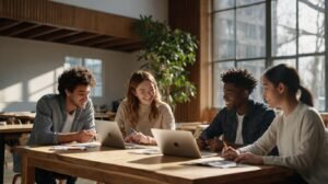 Sekelompok mahasiswa milenial yang beragam sedang menerapkan metode belajar aktif, berdiskusi dengan antusias di sekitar meja dengan laptop dan catatan digital, menunjukkan kolaborasi dan pemikiran kritis.
