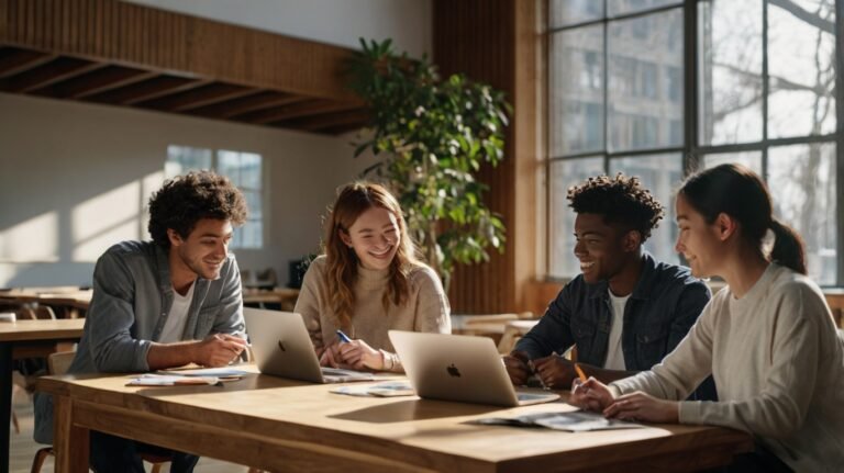 Sekelompok mahasiswa milenial yang beragam sedang menerapkan metode belajar aktif, berdiskusi dengan antusias di sekitar meja dengan laptop dan catatan digital, menunjukkan kolaborasi dan pemikiran kritis.
