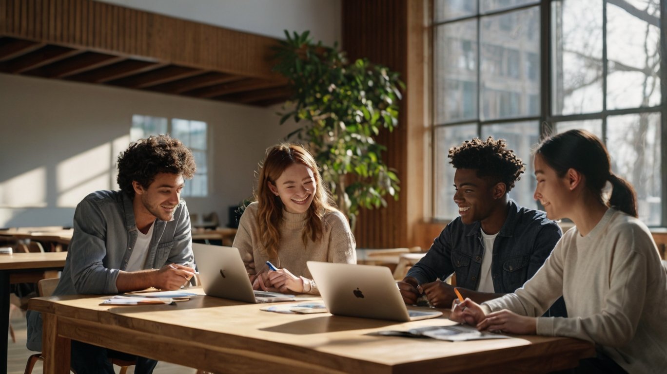 Sekelompok mahasiswa milenial yang beragam sedang menerapkan metode belajar aktif, berdiskusi dengan antusias di sekitar meja dengan laptop dan catatan digital, menunjukkan kolaborasi dan pemikiran kritis.