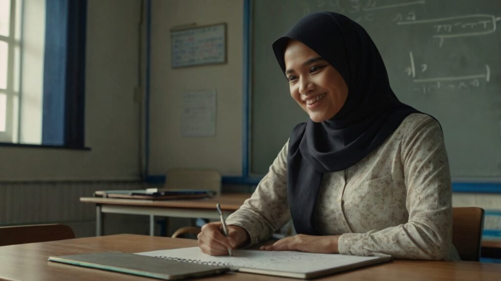 Seorang guru profesional sedang merancang alur pembelajaran di laptop, dengan diagram proses CP ke ATP di latar belakang, sebagai ilustrasi untuk panduan lengkap Kurikulum Merdeka.