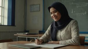 Seorang guru profesional sedang merancang alur pembelajaran di laptop, dengan diagram proses CP ke ATP di latar belakang, sebagai ilustrasi untuk panduan lengkap Kurikulum Merdeka.