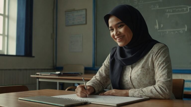 Seorang guru profesional sedang merancang alur pembelajaran di laptop, dengan diagram proses CP ke ATP di latar belakang, sebagai ilustrasi untuk panduan lengkap Kurikulum Merdeka.