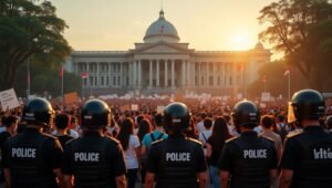 Massa demonstran sedang melakukan aksi unjuk rasa secara damai di depan gedung pemerintahan, mematuhi aturan demo yang berlaku di Indonesia.