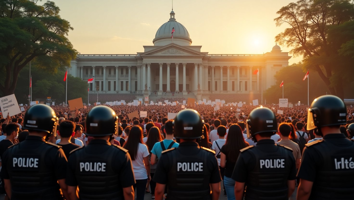 Massa demonstran sedang melakukan aksi unjuk rasa secara damai di depan gedung pemerintahan, mematuhi aturan demo yang berlaku di Indonesia.